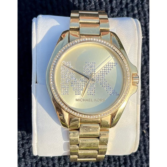 Michael Kors MK6555 Watch Gold Tone Stainless Steel Crystal Logo Womens 42mm Box